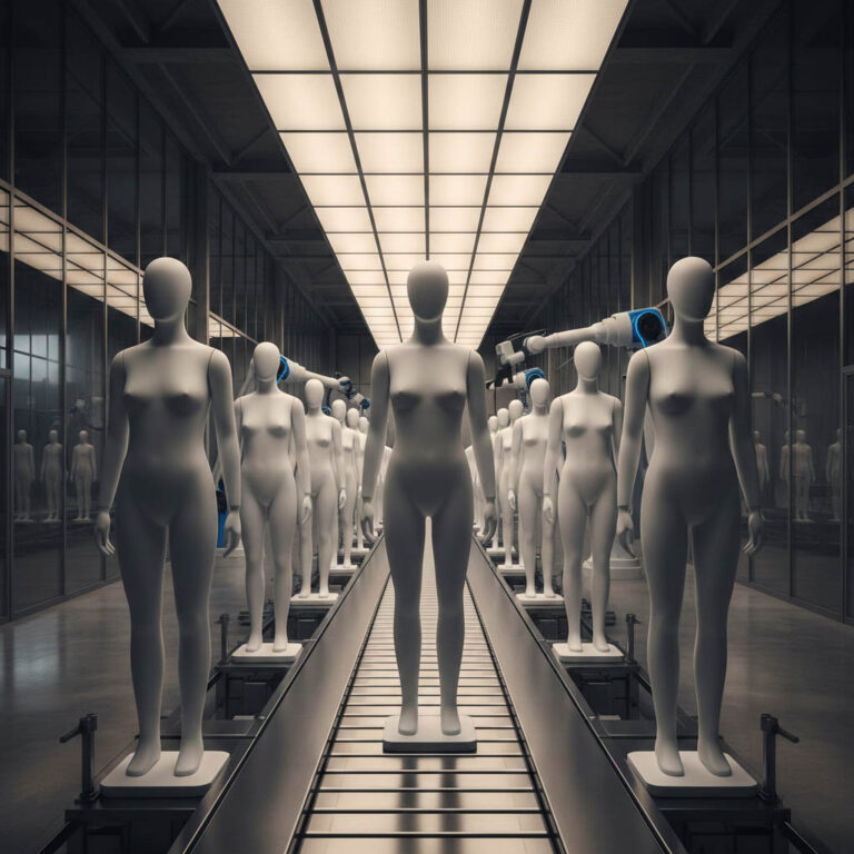 Koncepcyjna grafika przedstawiająca blanding i powtarzalny design – manekiny jako symbol utraty tożsamości wizualnej