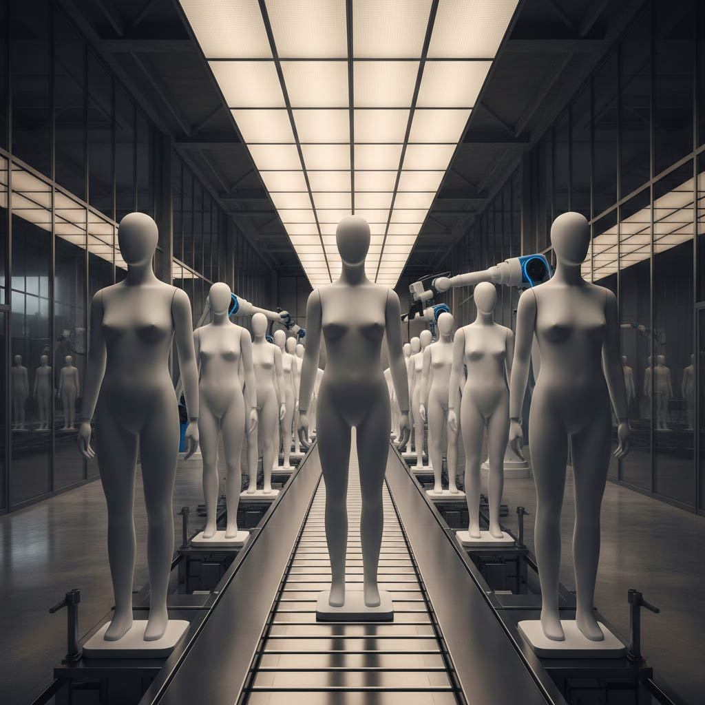 Koncepcyjna grafika przedstawiająca blanding i powtarzalny design – manekiny jako symbol utraty tożsamości wizualnej