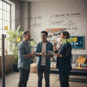 Zespół projektowy opracowujący nowoczesną tożsamość marki – proces tworzenia kompleksowego brandingu.