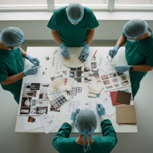 Metaforyczna wizualizacja rebrandingu – chirurdzy pracujący nad identyfikacją wizualną i paletą kolorów marki